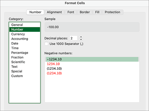 Screenshot of the Format Cells dialog in Excel. The Number category is selected. There are four options for formatting Negative Numbers: -1234.10, 1234.10 in red formatting, (1234.10), and (1234.10) in red formatting.