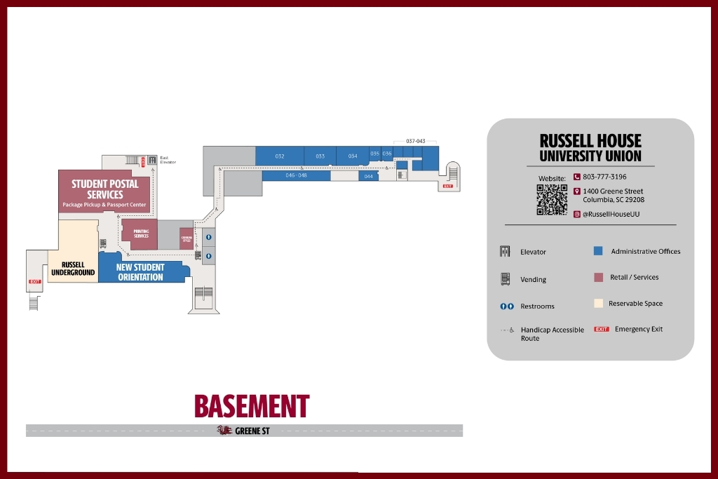 Russell House Basement Map showing Russell Undeground, NSO, Postal Services, Printing Services, Admin offices, and well-being pace with legend. 