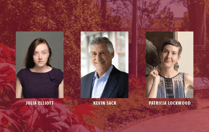 Profile pics of Julia Elliott, Kevin Sack, and Patricia Lockwood on a backdrop of the Horseshoe with red overlay.