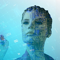 Photo of a woman with math formulas over her to represent code and AI 