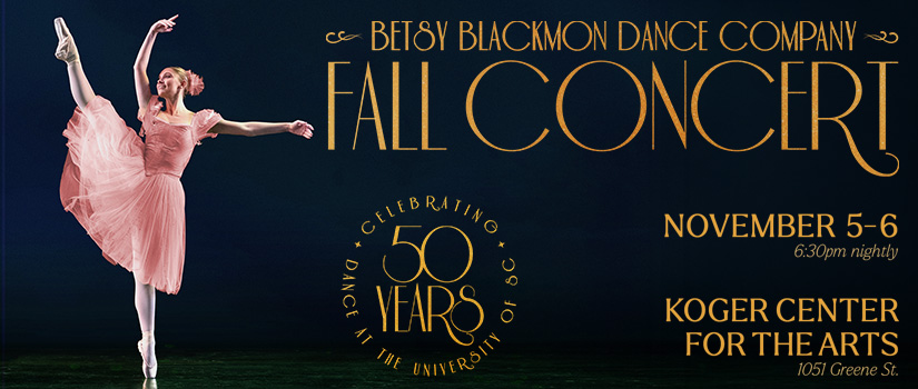 Promotional banner for the Betsy Blackmon Dance Company Fall Concert, featuring a ballet dancer in a flowing pink dress against a dark background.