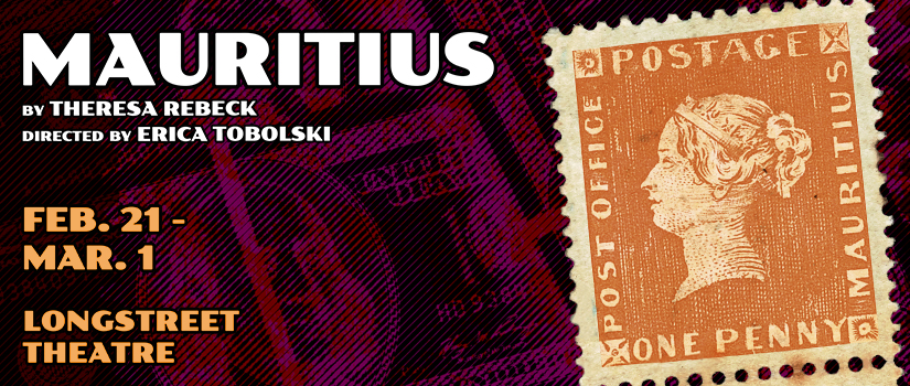 Orange antique stamp showing Queen Victoria in profile on the right with the title of the play, dates and location on the left.